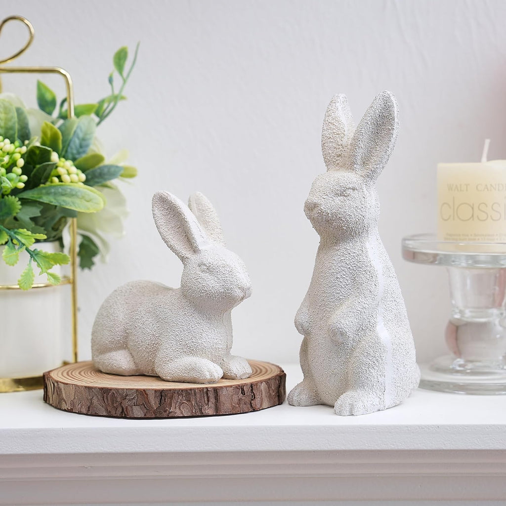 Easter Bunny Figurines, Resin Rabbit Figurines, Beige Bunny Statues for Rustic Easter Decorations - Set of 2