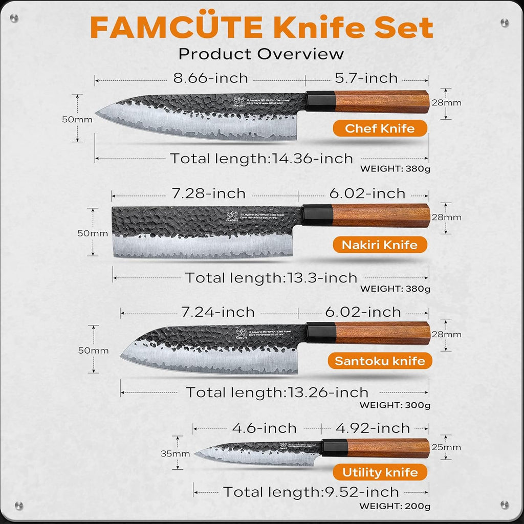 Japanese Knife Set with Block, Kitchen Knives Gift for Men & Women | Hand Forged 5-Layer 9CR18MOV Clad Steel Chef