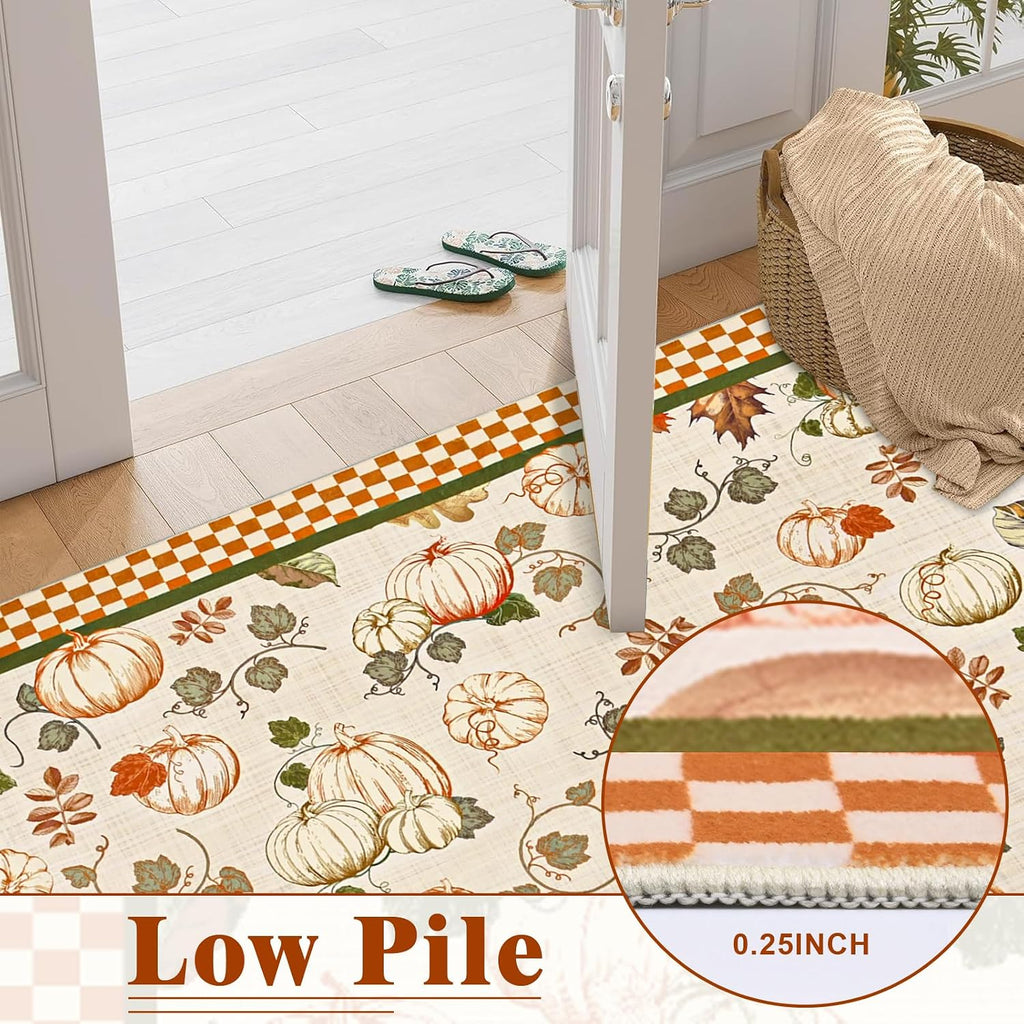 Fall Area Rugs Thanksgiving Washable Rug Non Slip, Pumpk Rug Low Pile Floor Carpet with Checkered Edge