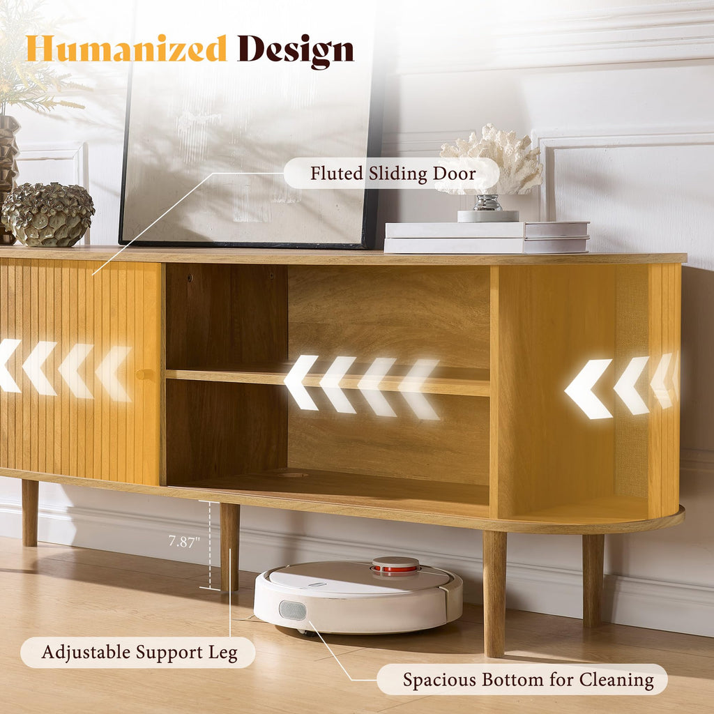 70" Mid-Century Modern Fluted TV Stand with Storage, Natural Oak