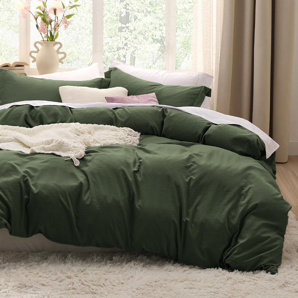 Olive Green Duvet Cover Queen - 3 Pieces Prewashed Cotton-Like Polyester Extra Soft Bedding Set, Includes 1 Duvet