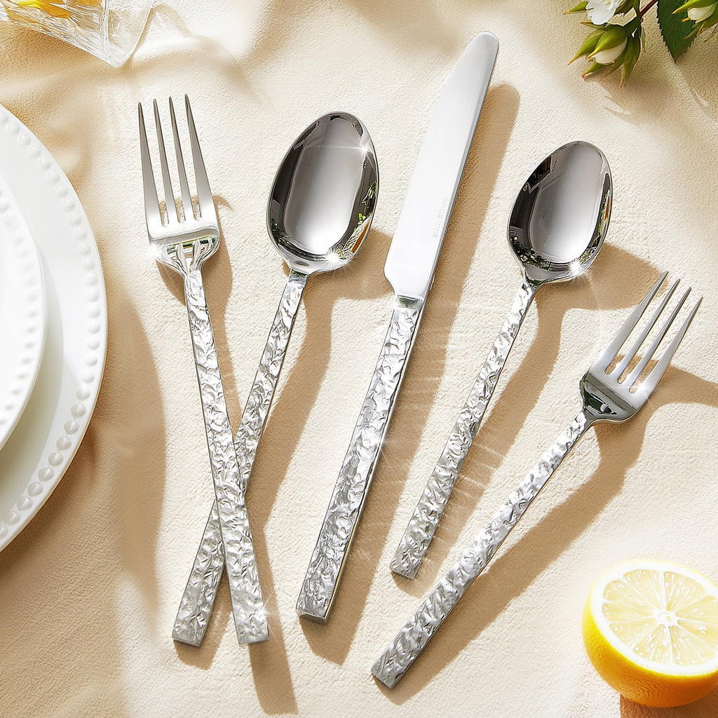 60 Pieces Hammered Silverware Set for 12, 18/10 Stainless Steel Heavy Duty Flatware Set, Tableware Cutlery Utensil Sets