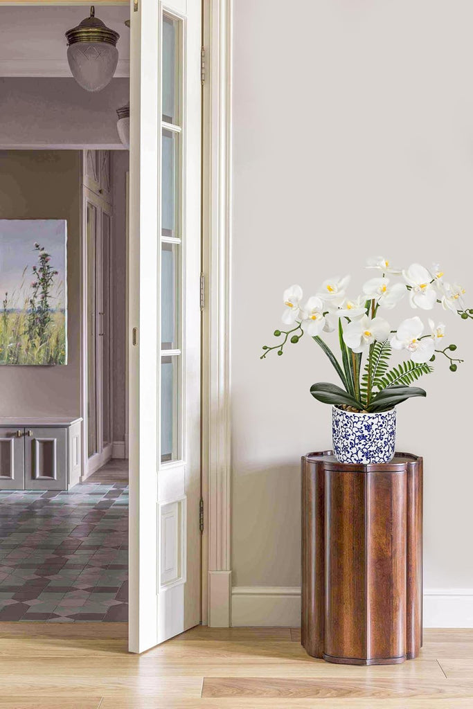 White Orchid Artificial Flowers with Blue and White Pot, 16.9" Silk Orchid Fake Plant Faux Orchids Shelf Room Table