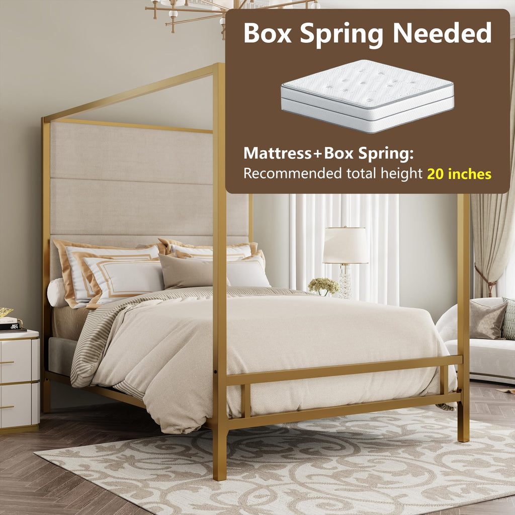King Canopy Bed with Tall Linen Headboard, Metal Frame, Gold & Tan