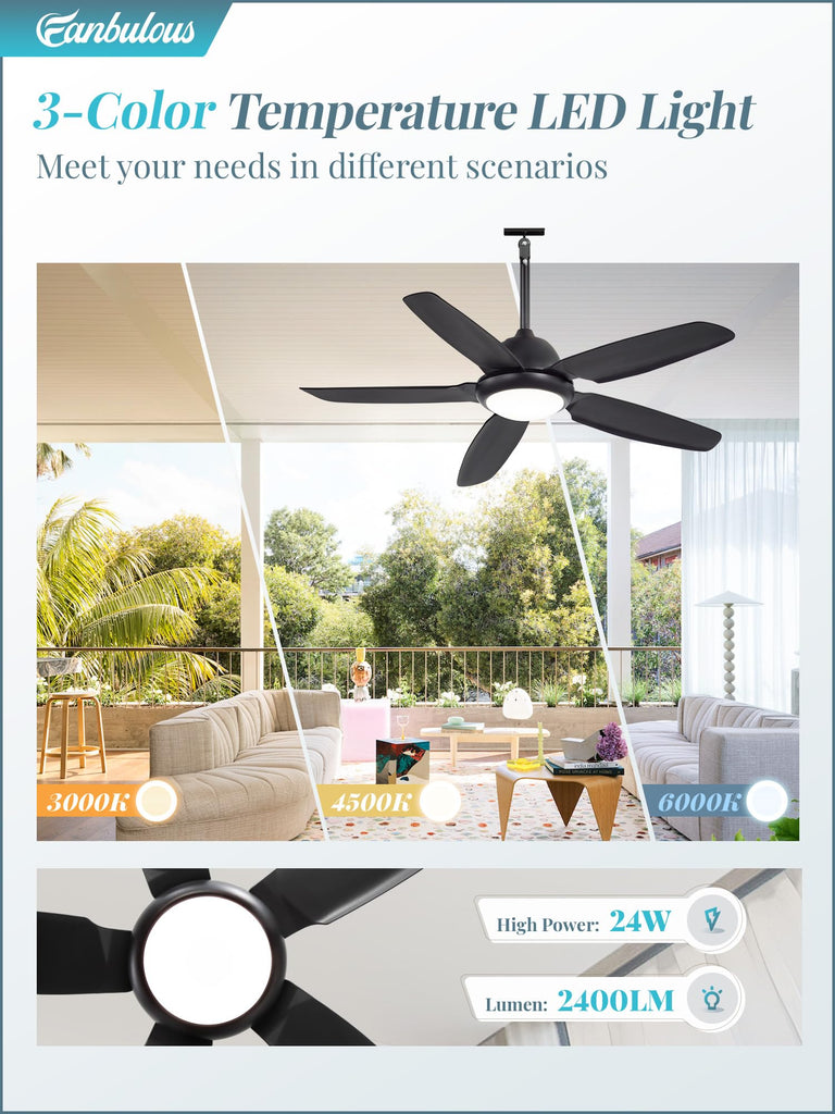 52 Inch Waterproof Outdoor Ceiling Fan with Light, Black