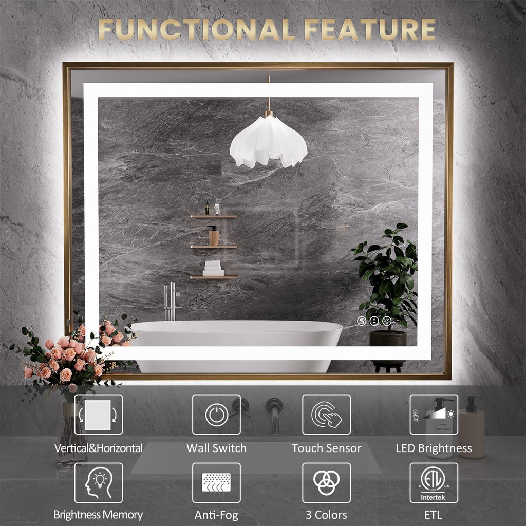 36"X30" LED Bathroom Mirror with Front Lit and Backlit(Brushed Gold)