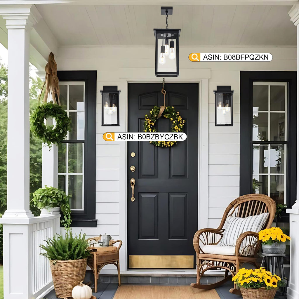 3-Light Black Outdoor Pendant Light Fixture, Adjustable Exterior Hanging Lantern Porch Light