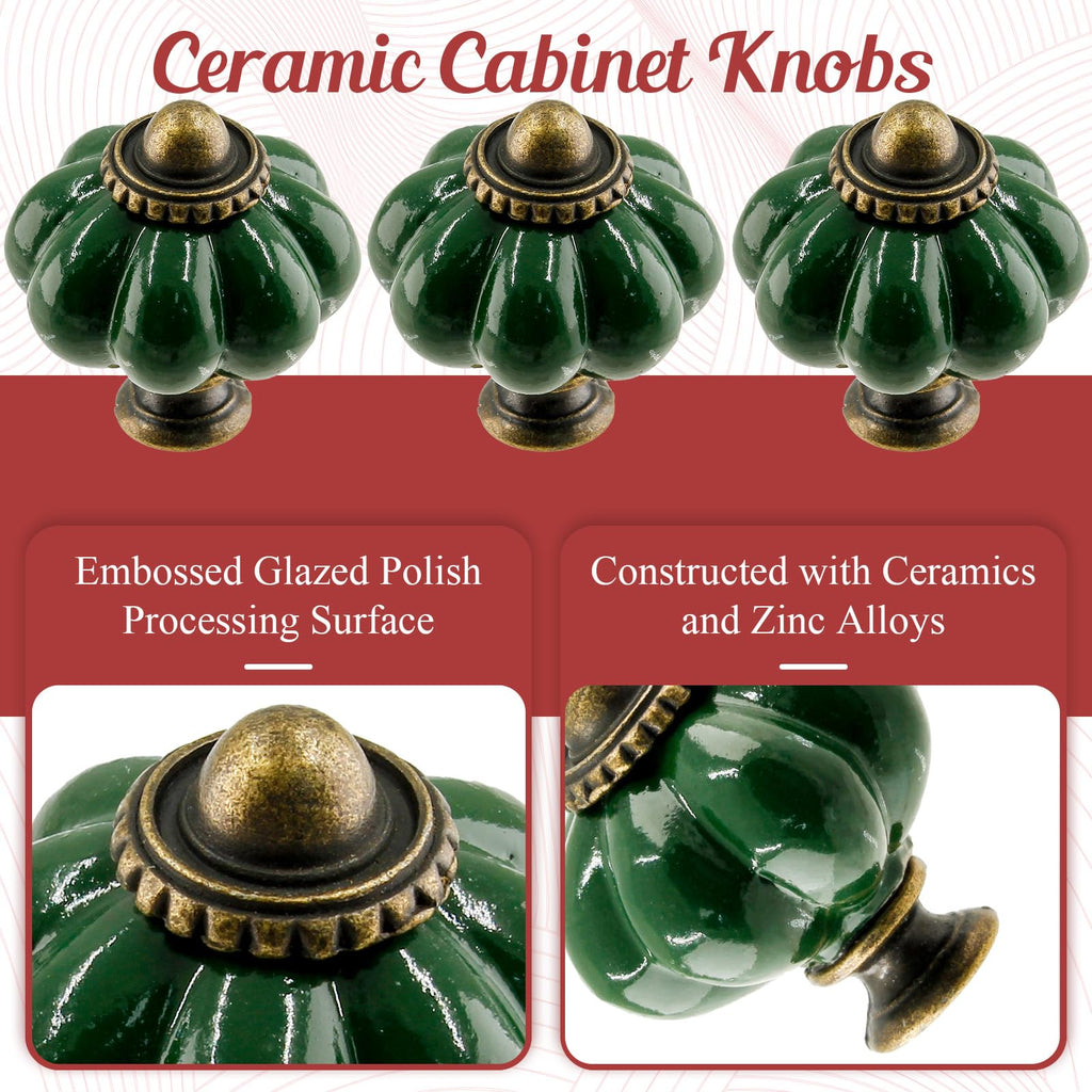 8pcs Dark Green Ceramic Pumpkin Knobs, Vintage Dresser Knobs