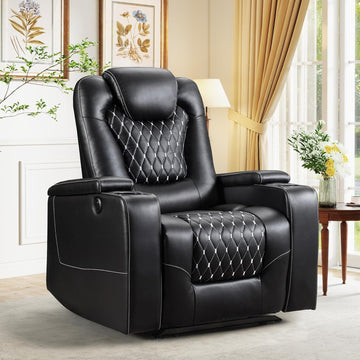 Power Recliner Chair with USB Ports and Cup Holders - Overstuffed Electric Home Theater Seating PU Leather Reclining