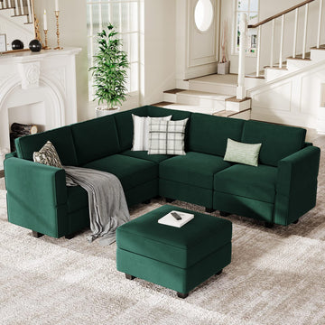 Modular Sectional Sofa with Storage Seats Velvet L Shaped Corner Couch Convertible Sectional Sofa with Chaise (Green