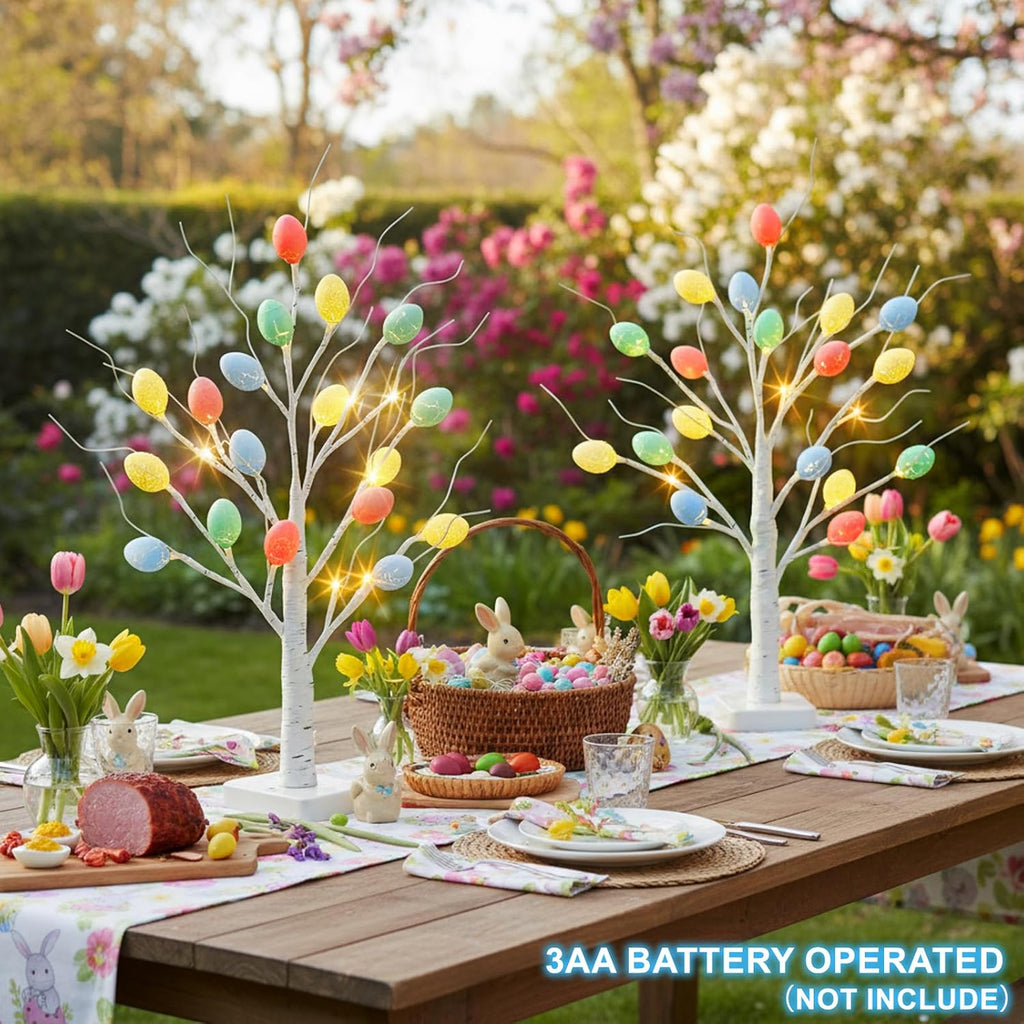 Easter Decorations, 2 Pack Lighted Easter Tree Battery Operated with Timer, 22 Inch LED Birch Tree with 36 Egg - Set of 2