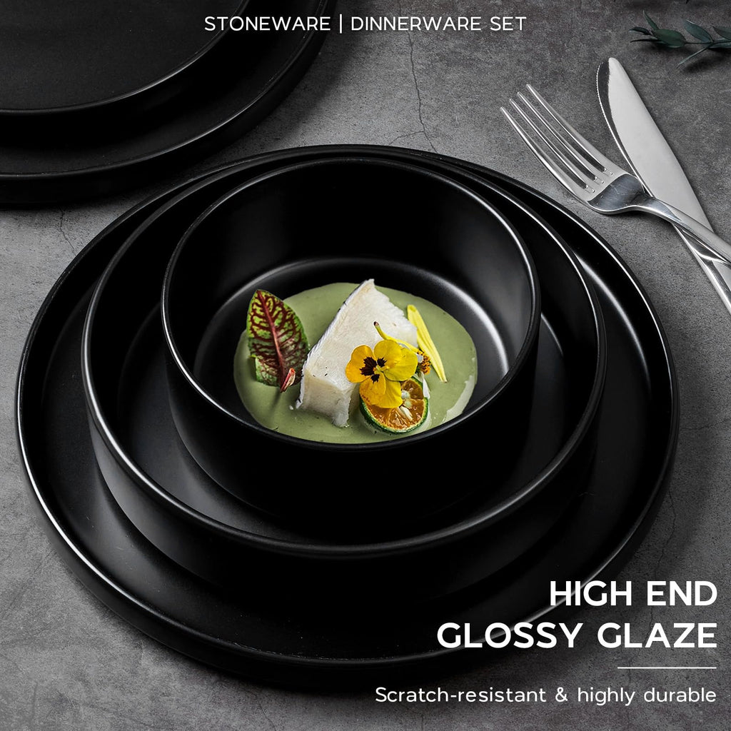 Stoneware Dinnerware Set with Pasta Bowl, 24Pcs Black Dish Set for 6