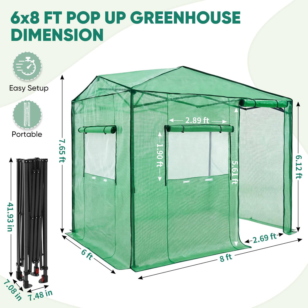 6x8 Easy Setup Pop Up Greenhouse, Side Door Design, Clear/Green