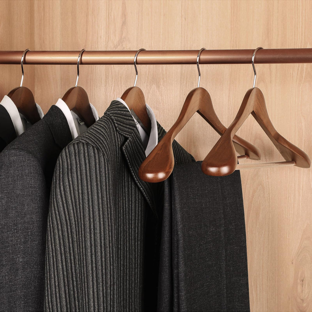 Wide Shoulder Wooden Hangers, Suit Hangers with Non Slip Pants Bar & 360° Swivel Hook, Solid Wood Heavy Duty Coat