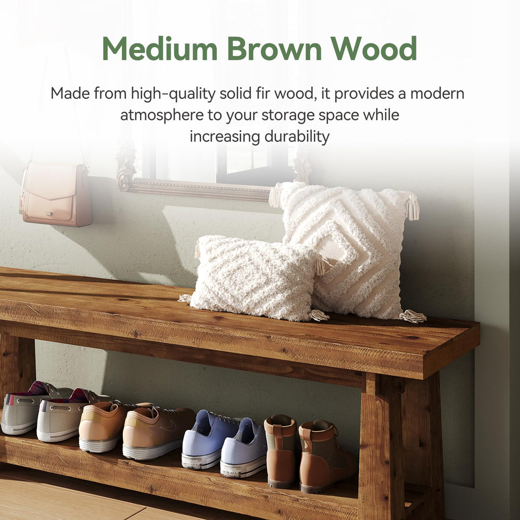 Solid Wood Entryway Bench, 55" Rustic Bench Seat with Shoe Storage, 350 LB