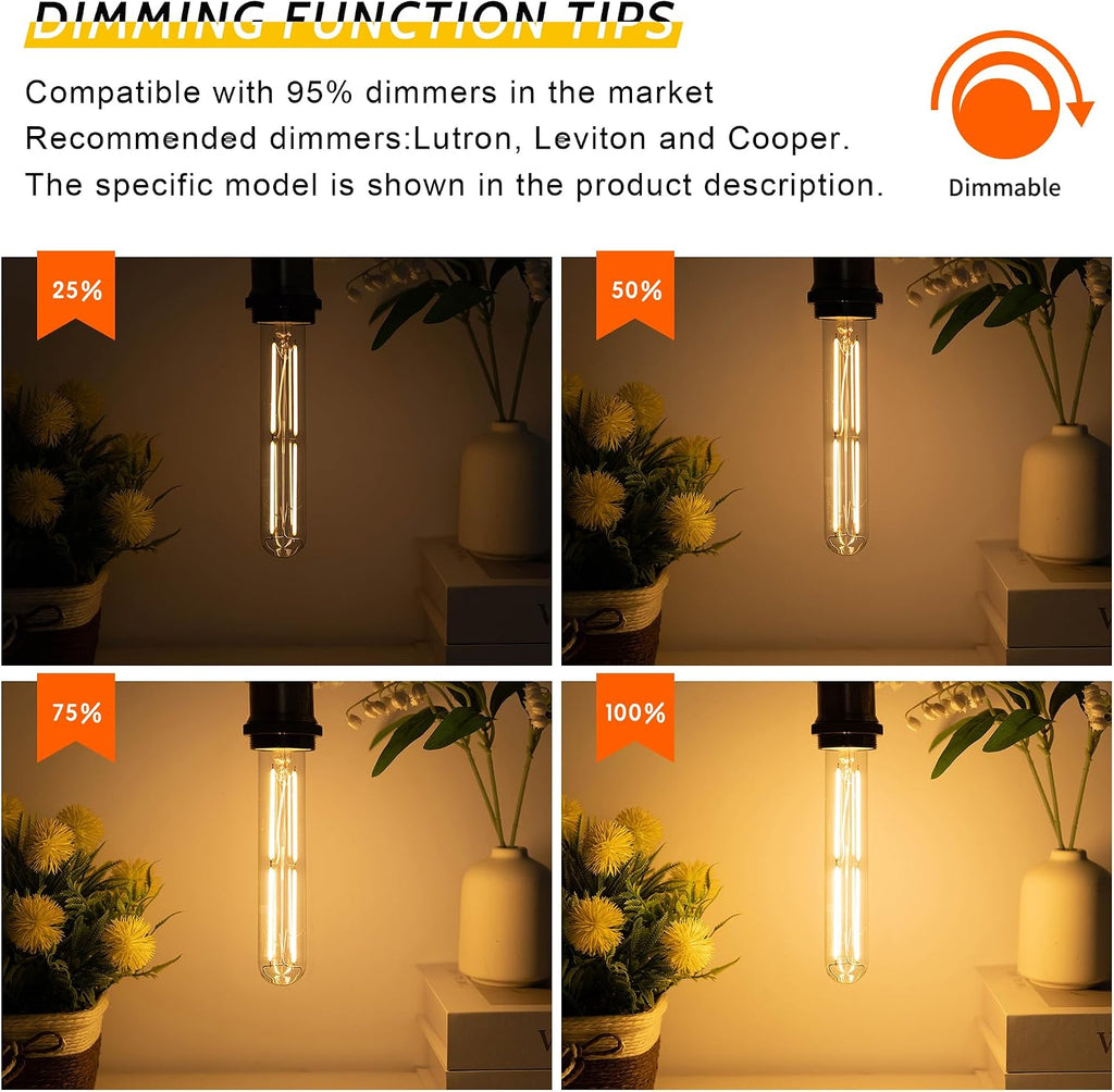 Tubular Light Bulb 7.3 Inch Dimmable T10 LED Bulb E26 6W 60 Watts
