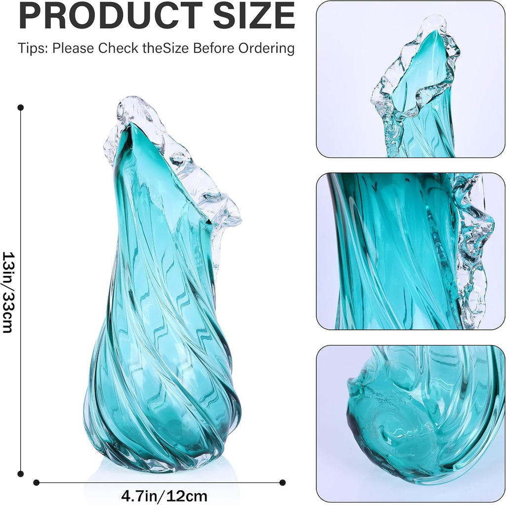 Hand Blown Blue Large Glass Vase Set - Artistic Clear Blue Vase for Coastal & Modern Home Decor, Ocean Wave Vase