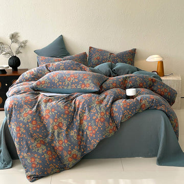 Boho Vintage Floral Double Layer Gauze Jacquard Duvet Cover Set King, Dusty Smoky Blue Soft Breathable Cotton Muslin