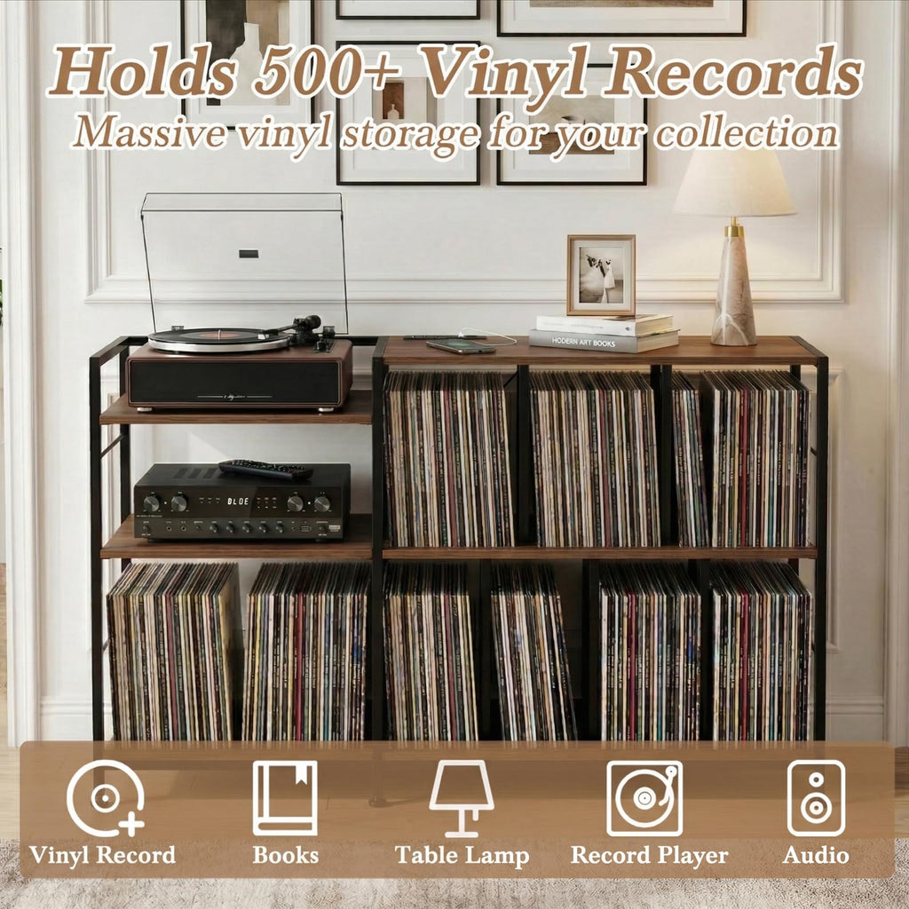 50 Inch Large Record Player Stand with vinyl Storage, Walnut