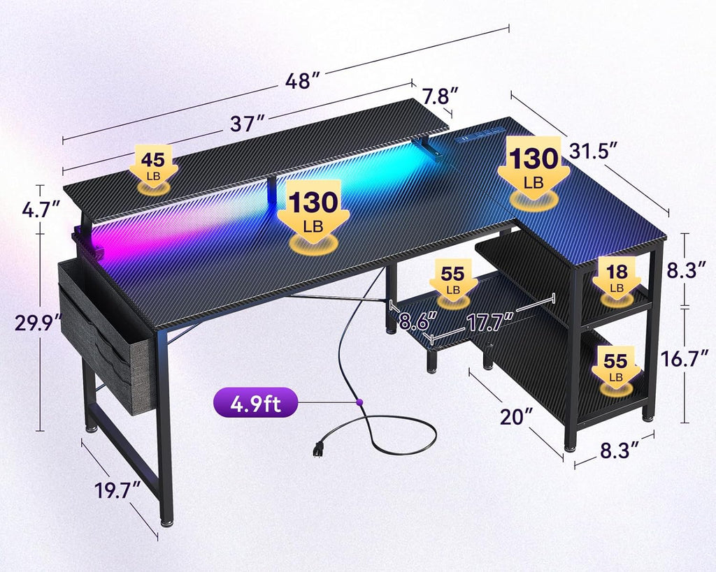 48 Inch L Shaped Gaming Desk with LED Lights, Power Outlets, Black | Adjustable Monitor Stand, Open Storage Shelves