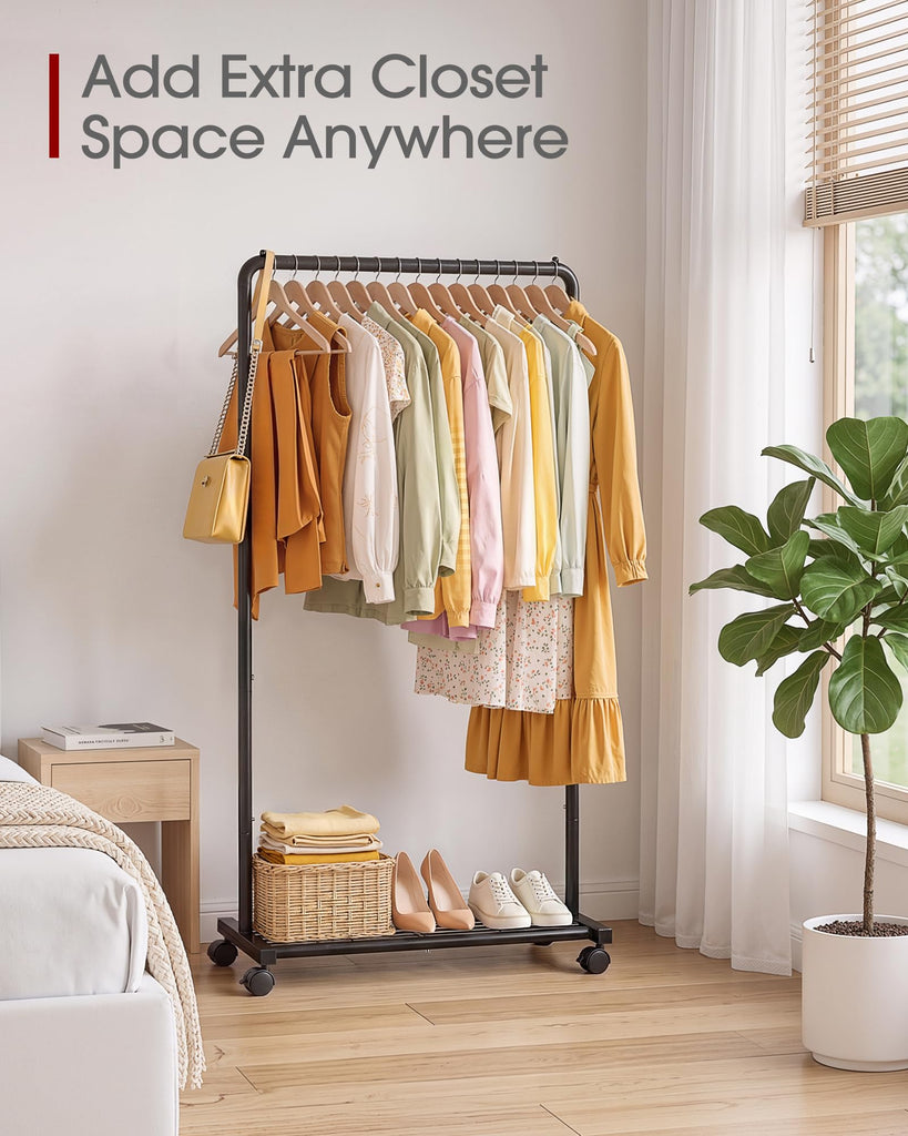 Clothes Rack - Clothing Rack with Storage Mesh Shelf & Casters, Heavy-Duty Metal Clothing Rack for Hanging Clothes