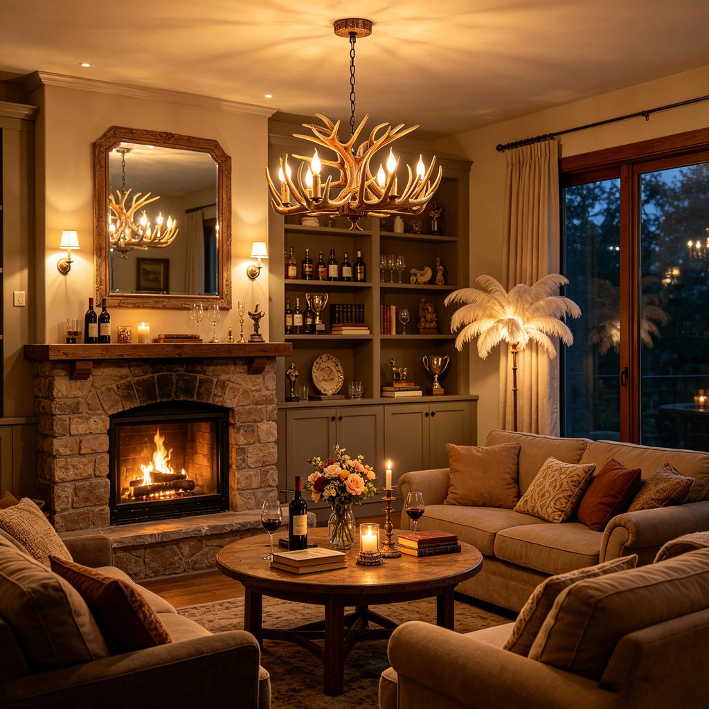 Antler Chandelier 6 Light, Rustic Style Antler Light Fixtures, E12 Base Deer Antler Chandelier Lighting Store Bar (6