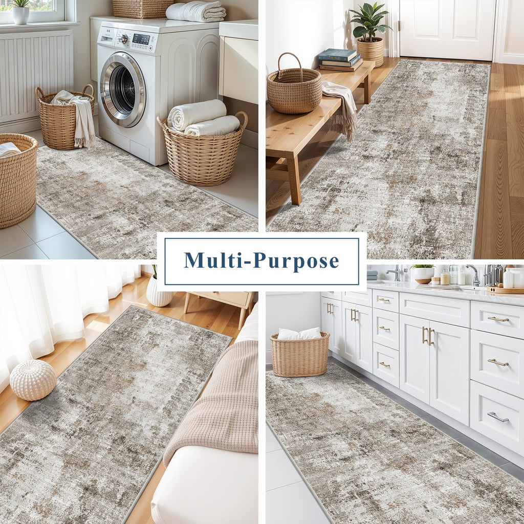 Washable Non Slip Runner Rug 3x8 - Hallway Runner Rug & Kitchen Carpet Runner - Modern Abstract Neutral Low Pile Area