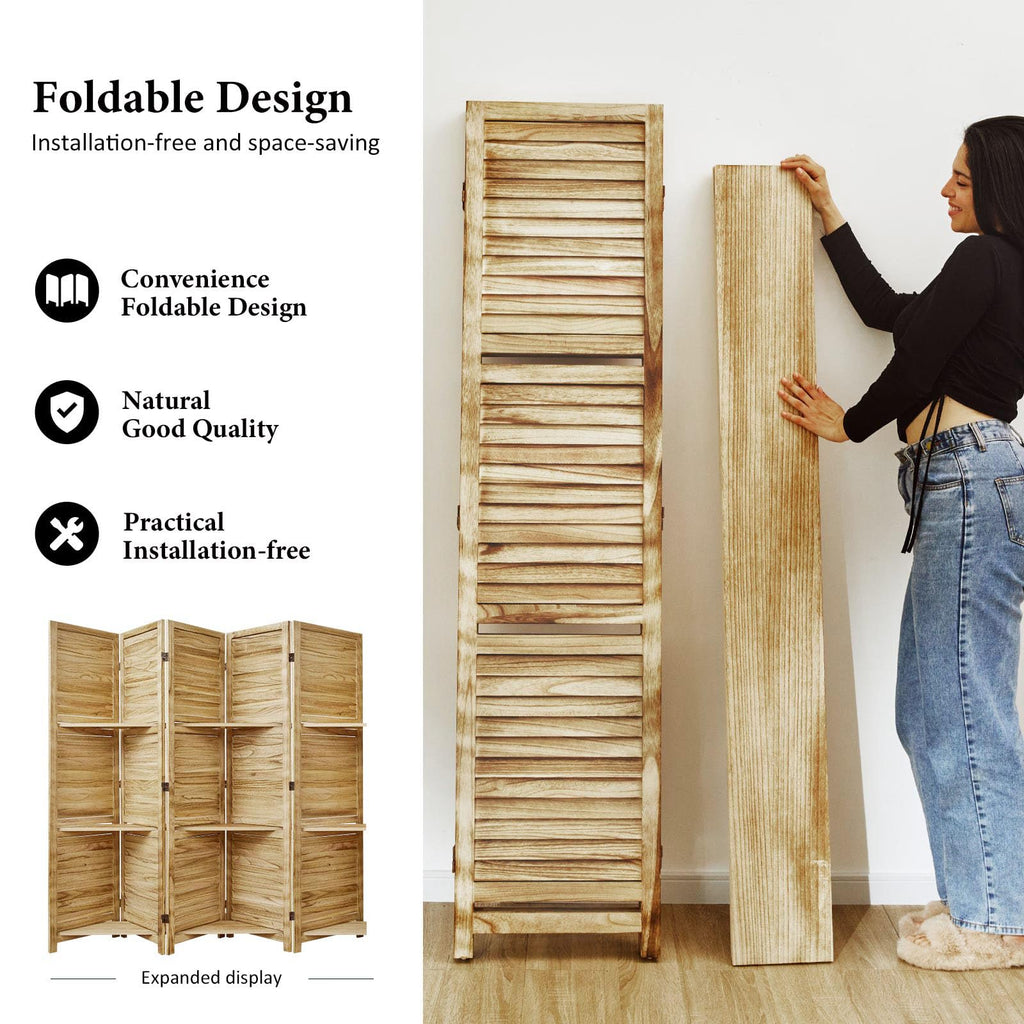 Partition Room Dividers, Folding Wood Privacy Screen with Three Display Shelves Suitable, Study, Art Display - 5