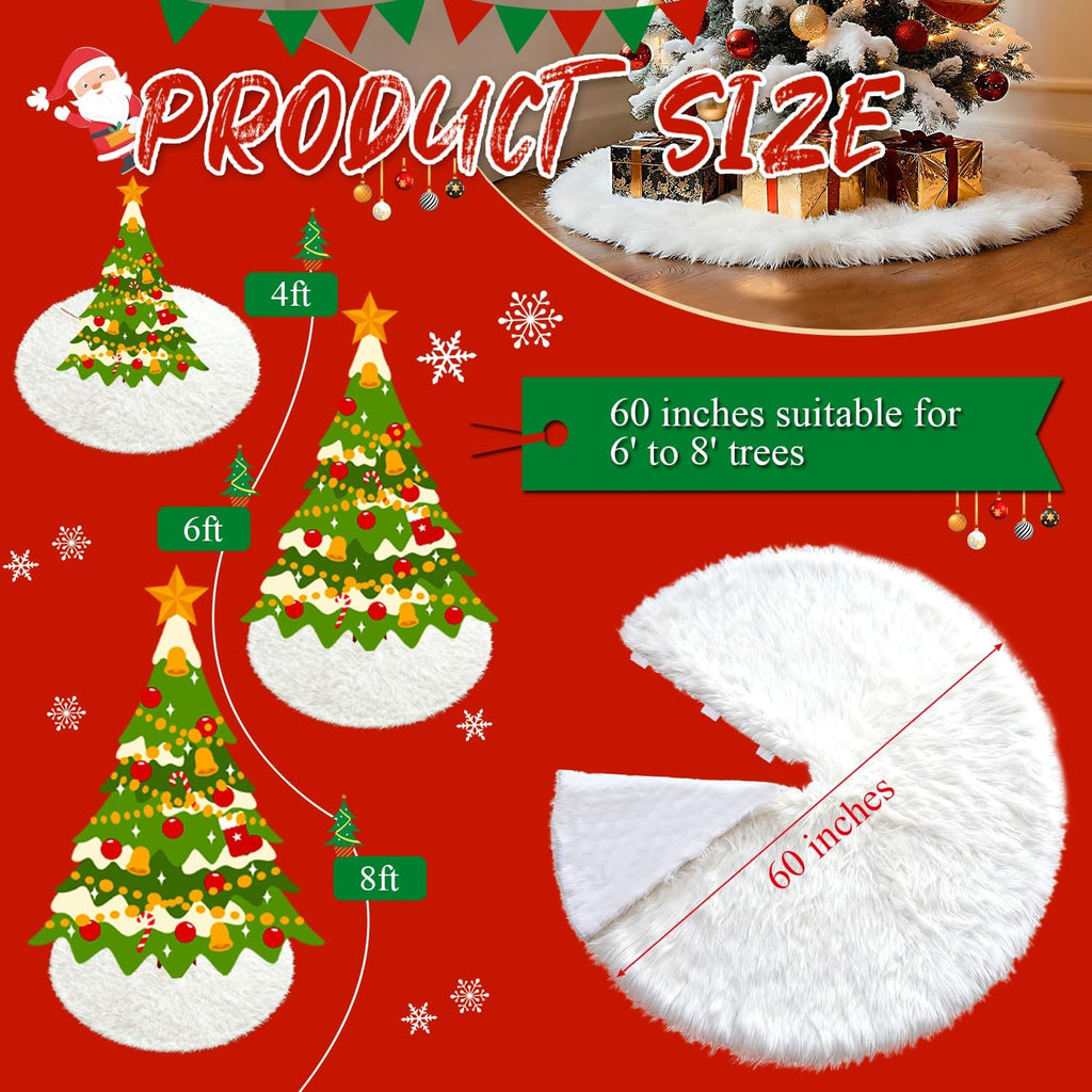 Christmas Tree Skirt 60 Inch White - Fluffy Faux Fur Christmas Tree Mat & Decoration for Indoor Outdoor Use