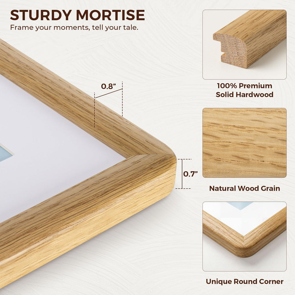 8x12 Picture Frame, USA-Sourced Oak Wood Frame with HD Tempered Glass, Handcrafted Rustic Farmhouse Picture Frame for