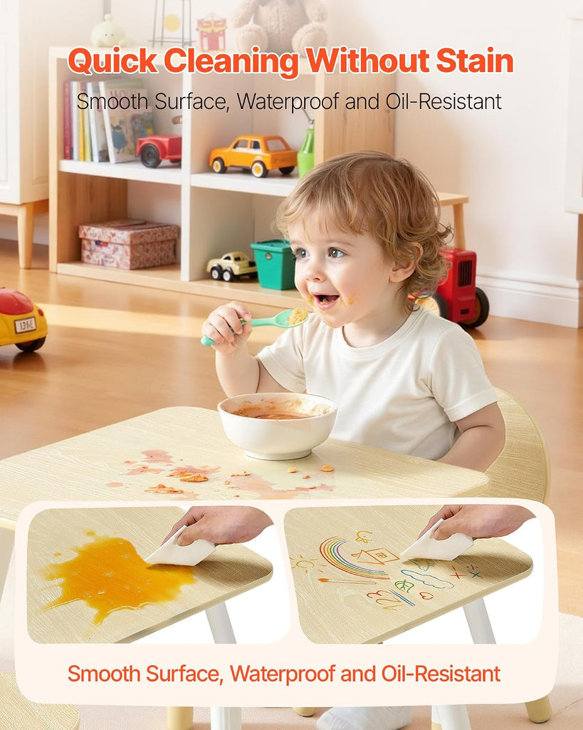 Kids Table and 2 Chairs Set, Toddler Table and Chair Set with Rounded Edge Design & Graffiti Desktop, Wooden Desk