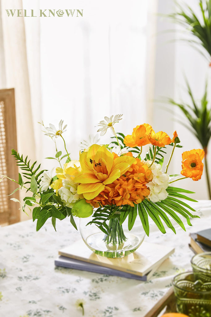 Artificial in Glass Vase for Dining Table Decor, Tropical Orange Orchid Flowers Bouquet Arrangement with Faux Water