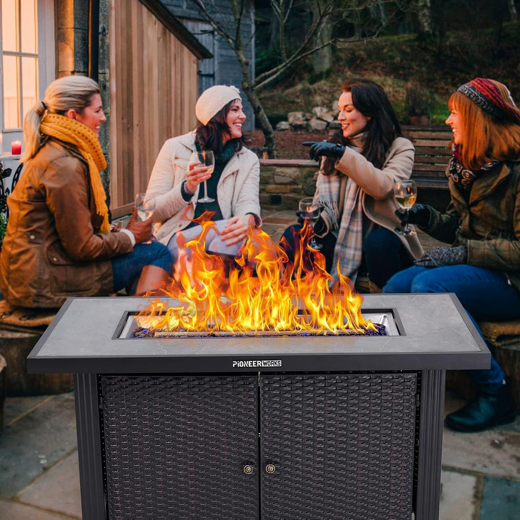 44 in Propane Fire Pit Table (Double Door), 50000BTU Rectangle Fire Table with Cover & Rain Cover, Sturdy Steel and