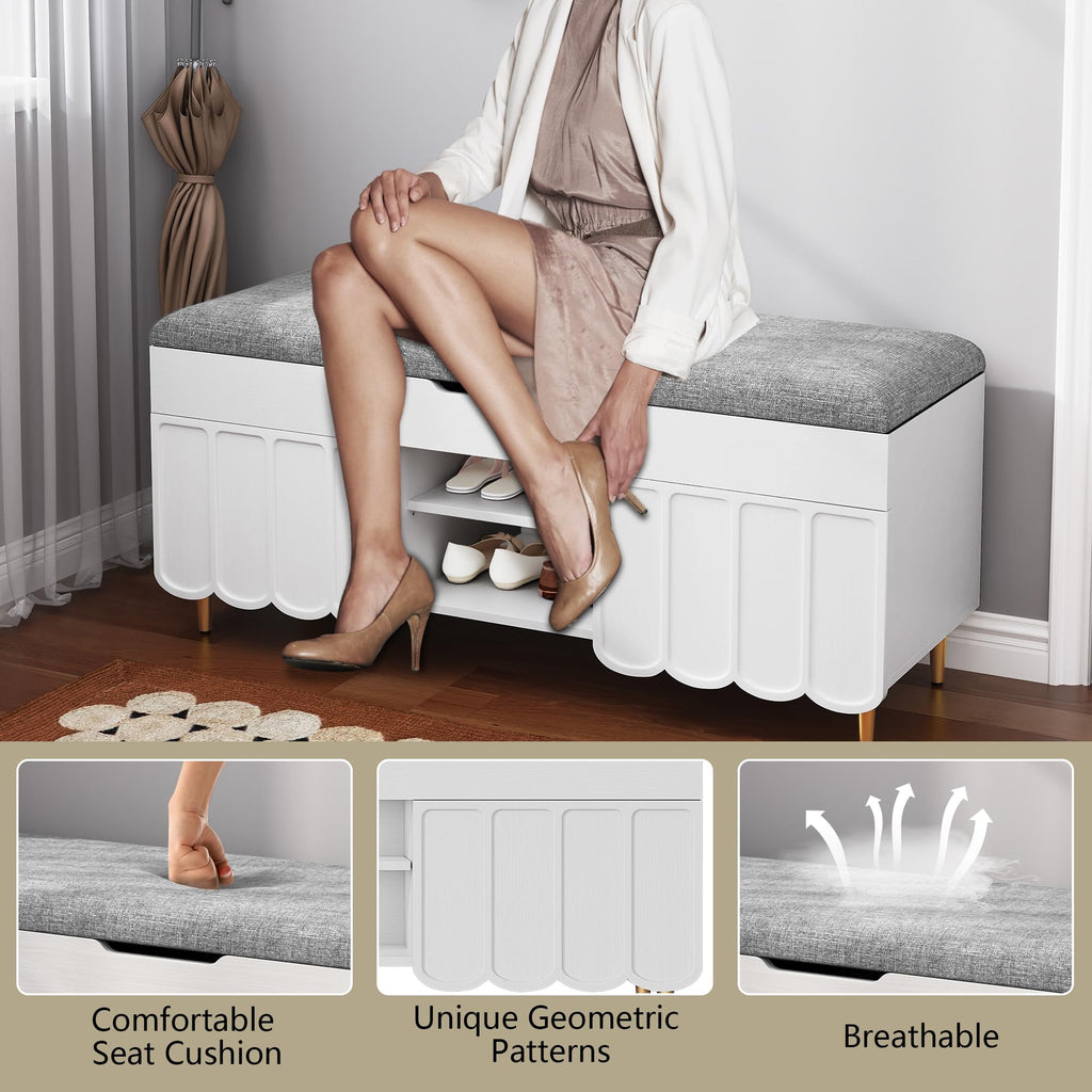 40" Upholstered Flip Top Entryway Shoe Bench, White