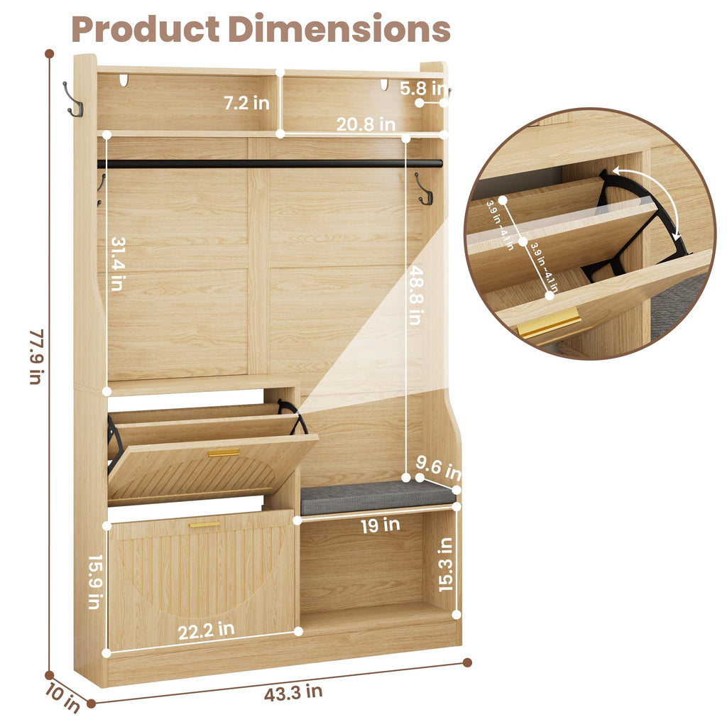 78" Modern Rustic Hall Tree with Bench and Shoe Storage, 5-in-1 Mudroom Coat Rack with Storage Shelves and Metal