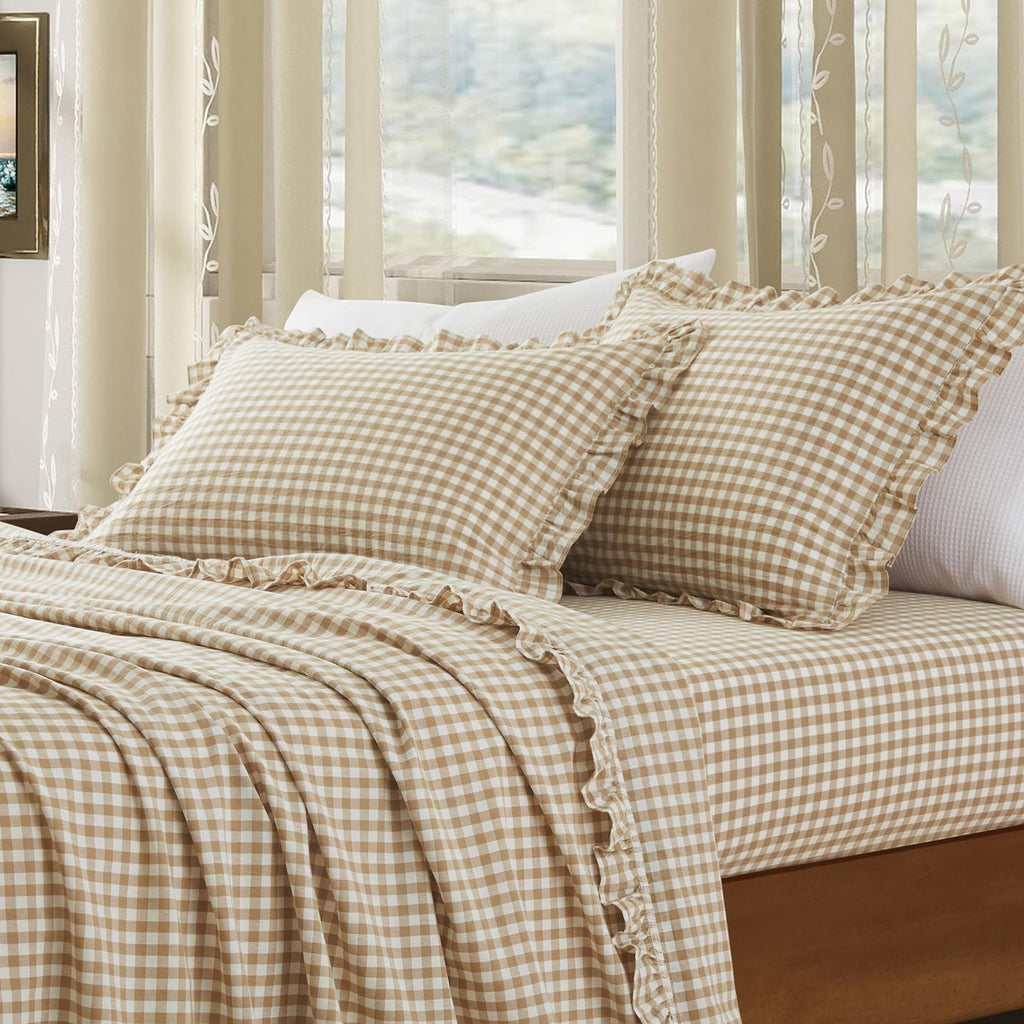 2 Pcs Plaid Ruffle Pillow Case Standard, Taupe Plaid Pillow Shams