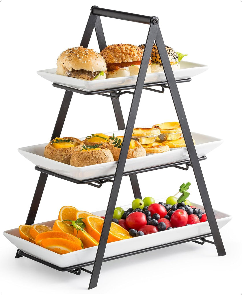 3 Tier Serving Tray Tiered Tray Stand, 10+12+14 Inch, Black | Ceramic Serving Platters and Trays with Metal Rack