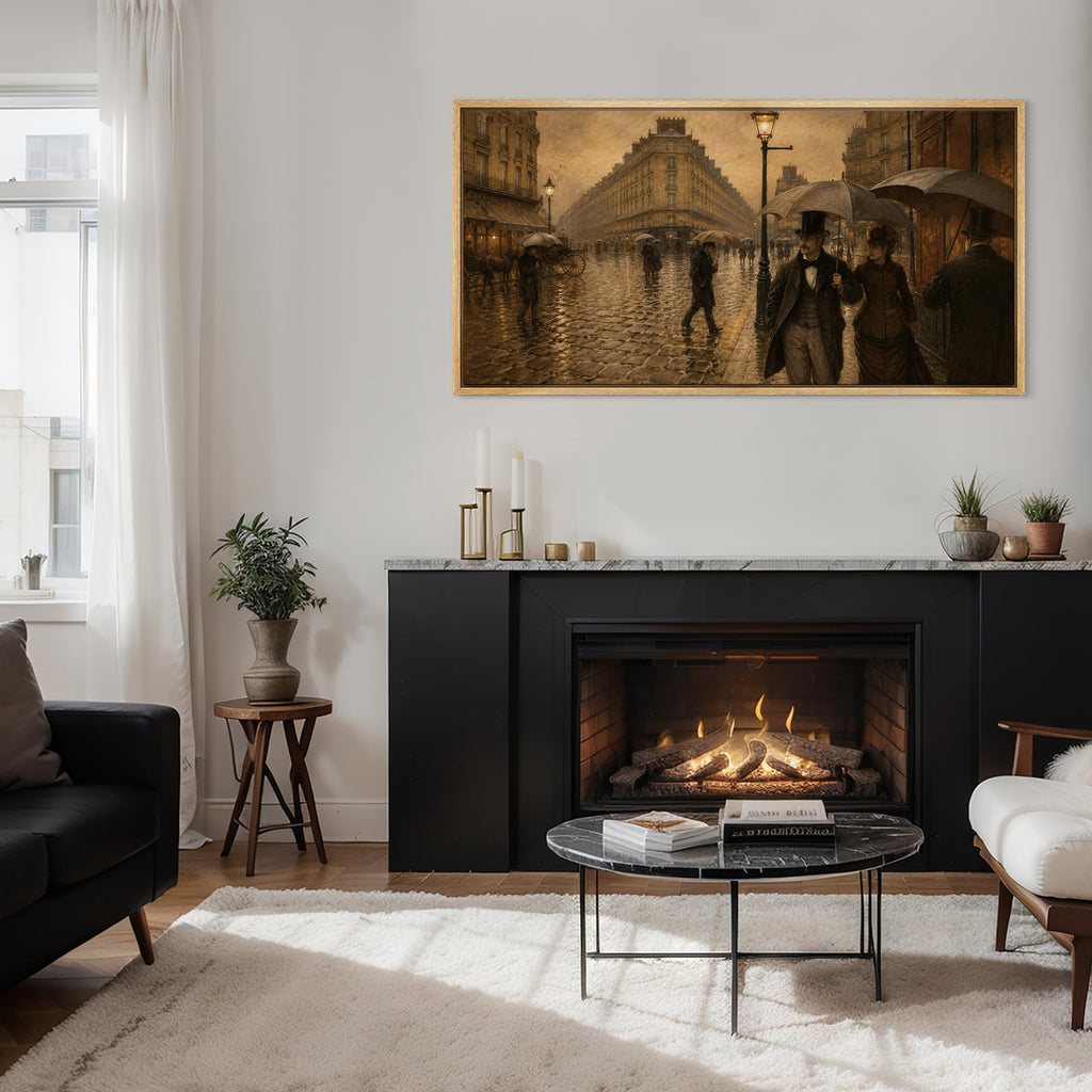 Extra Large Framed Canvas Print Wall Antique Rainy Victorian Paris Street Vintage Antique Retro Fine Illustrations