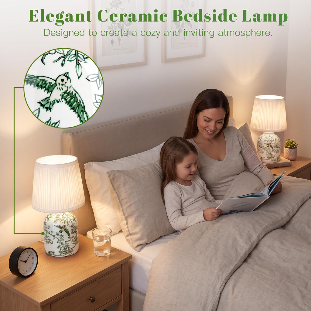 Rechargeable Cordless Small Ceramic Table Lamps Set of 2, Green