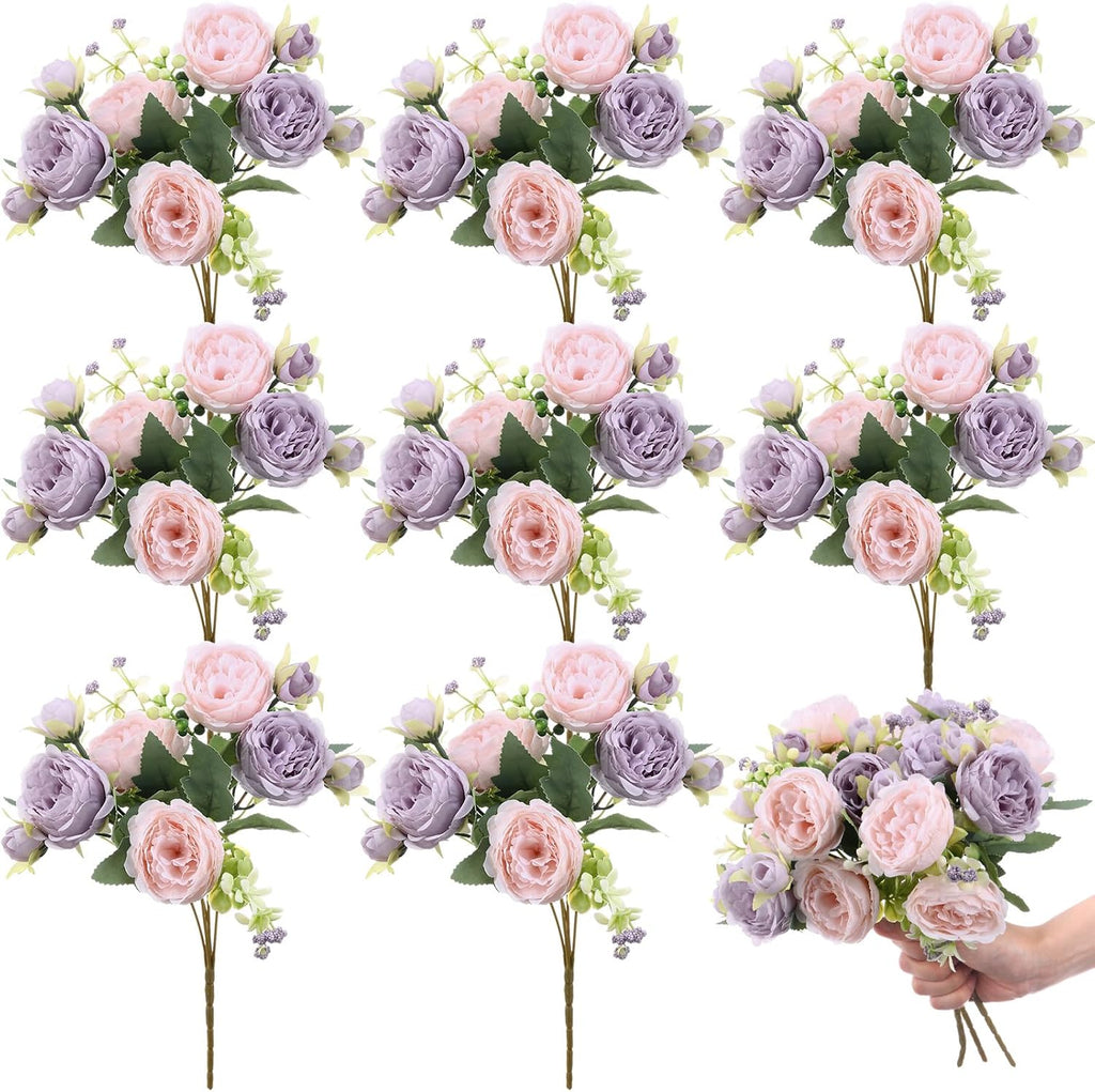 Bundles Artificial Peony Centerpiece Flowers,Pink, Purple - Set of 8