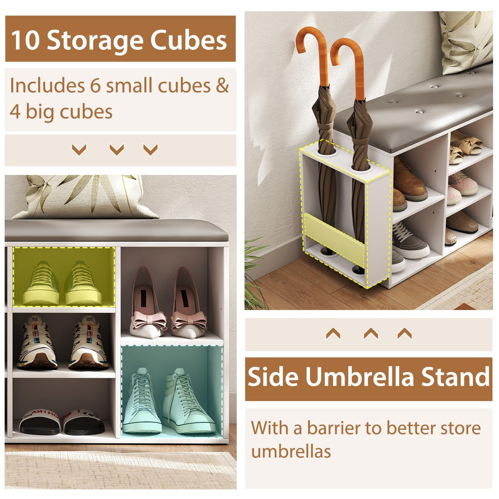 Shoe Storage Bench with Umbrella Stand, 10-Cube Entryway Bench with Adjustable Shelf & Padded Cushion, Cubby Shoe