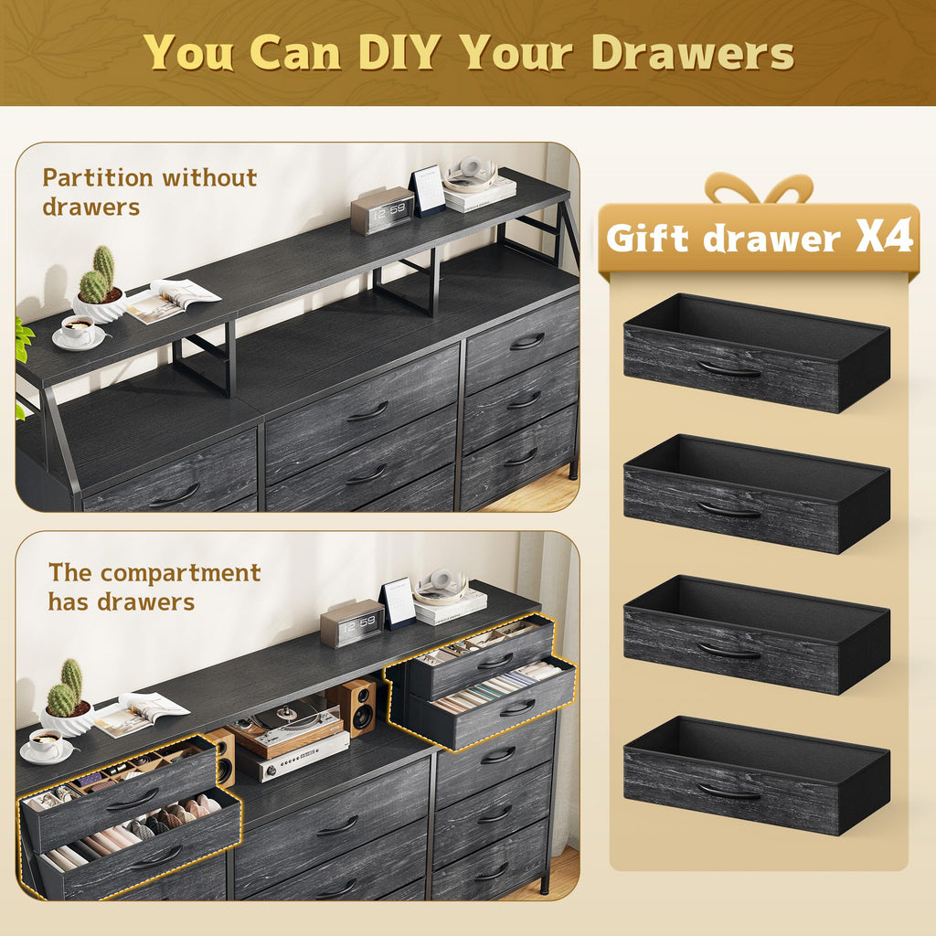 Black Dresser with 9 Fabric Drawers & Display Top Shelf