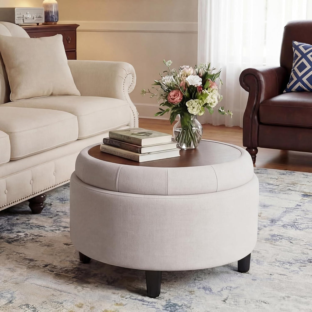 Fabric Round Storage Ottoman with Reversible Tray Lid - Multi-Functional Footrest, Hidden Storage, Sturdy & Stylish