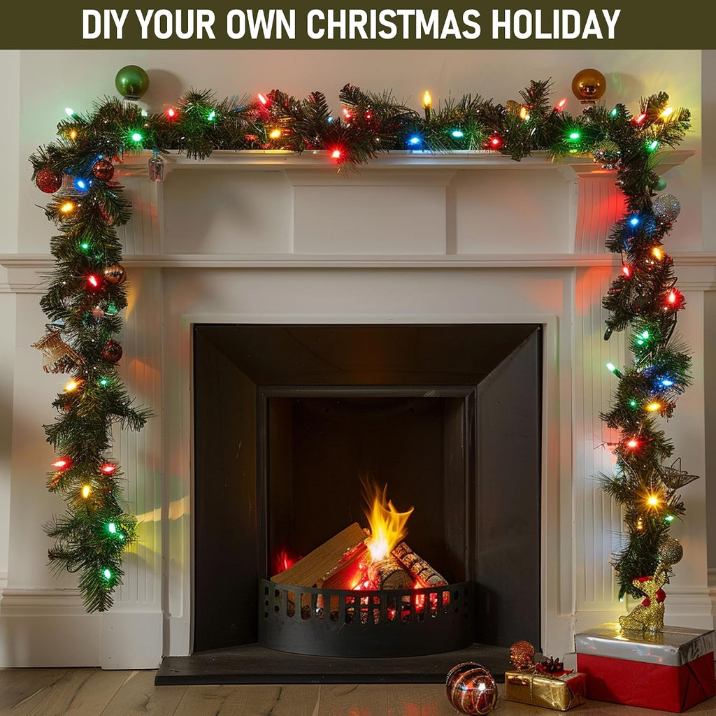 30 FT Pre-Lit Christmas Garland Decorations, 100 LED Lighted Artificial Pine Garlands with 8 Modes, Green Garland