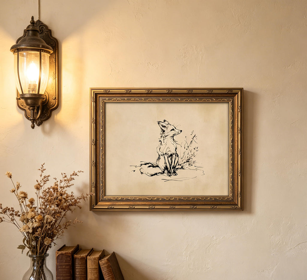 Vintage Gold Framed Canvas Wall Art Fox Sketch Beige Painting Picture Wall Decor Rustic Neutral Wildlife Poster Print