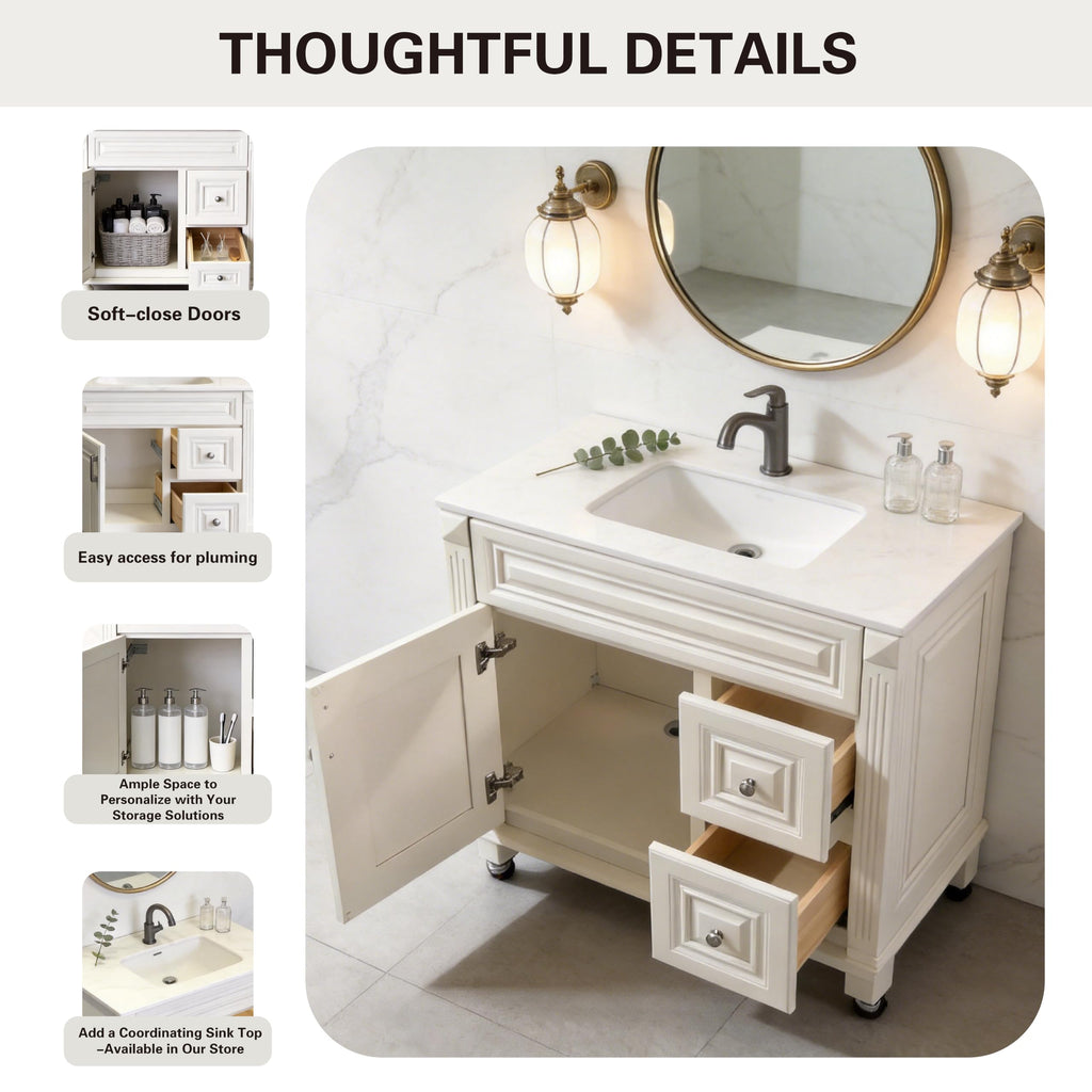 Antique White Solid Wood Single Bathroom Vanity Base Cabinet 30 inch W x 21 inch D x 32 inch H (Right Drawers)