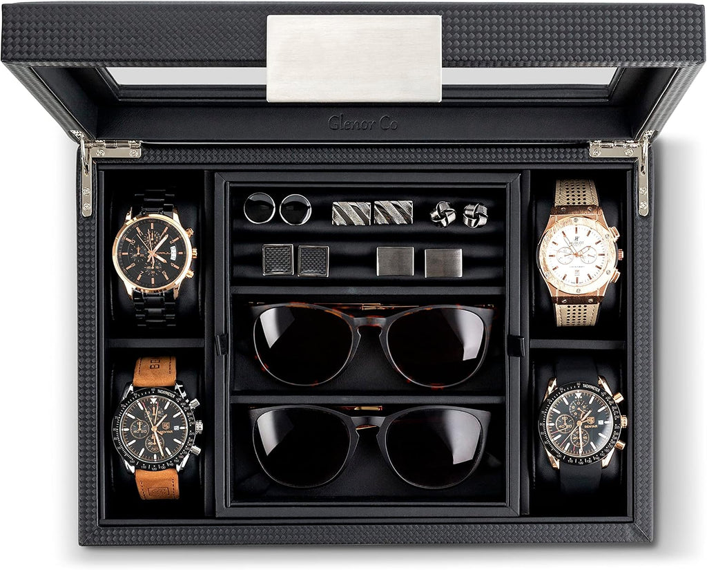 Valet Jewelry Box for Men - Holds 4 Watches, 12 cufflinks, 2 Sunglasses & Tray Storage - Mens Watch Case