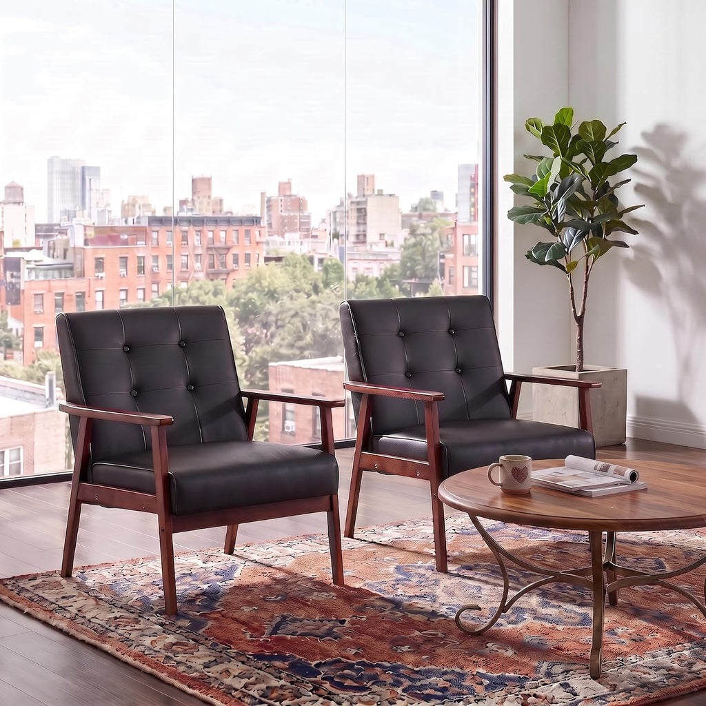 Retro Leather Accent Chairs, Arm Lounge Chairs - Set of 2
