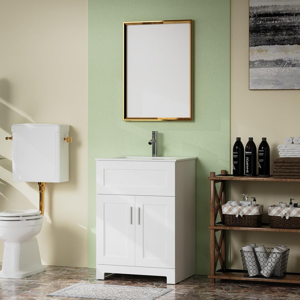24" White Freestanding Bathroom Vanity with Single Sink - Modern Vanity Cabinet