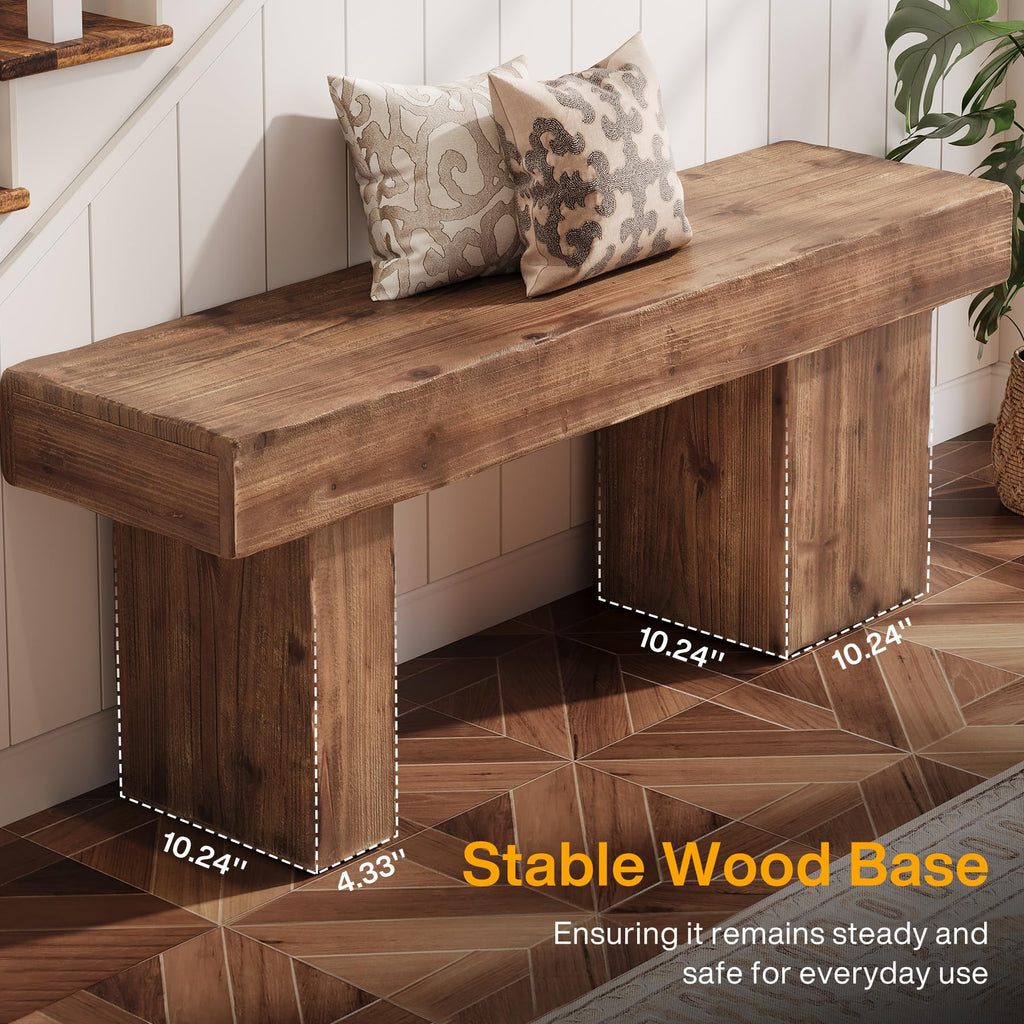 Thickened Solid Wood Bench, 47" Rustic Farmhouse Entryway Bench with Artistic Legs, Heavy Duty Dining Bench, End of